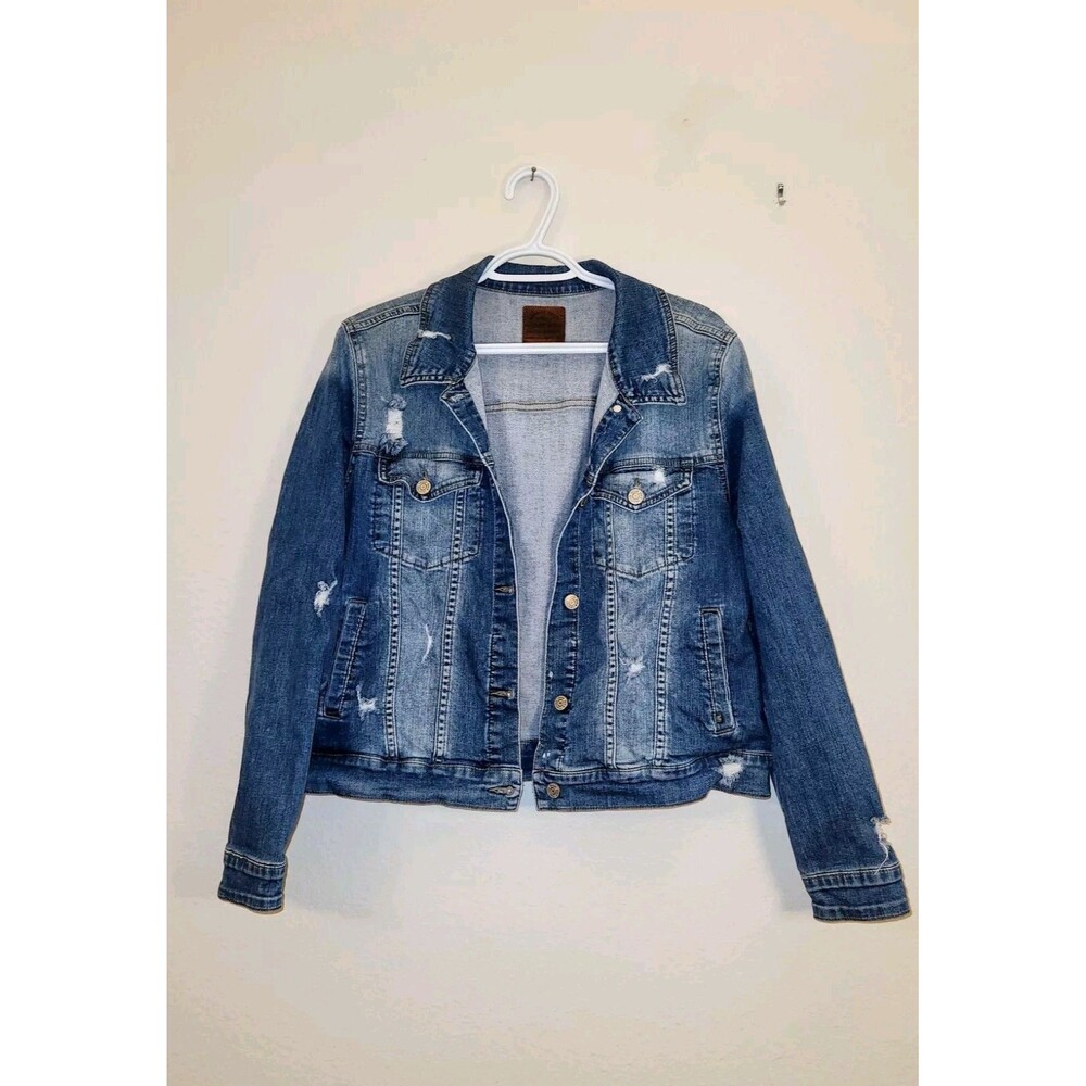 Womens Denim 1X Jacket EnJean Los Angeles 4 Pocket  Blue Distressed Stretchy